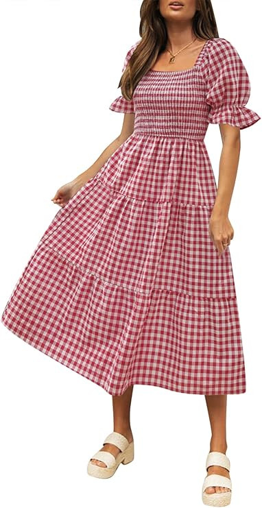 ZESICA Women's 2025 Bohemian Summer Plaid Square Neck Puff Sleeve Ruffle Flowy Beach Midi Dress | Amazon (US)