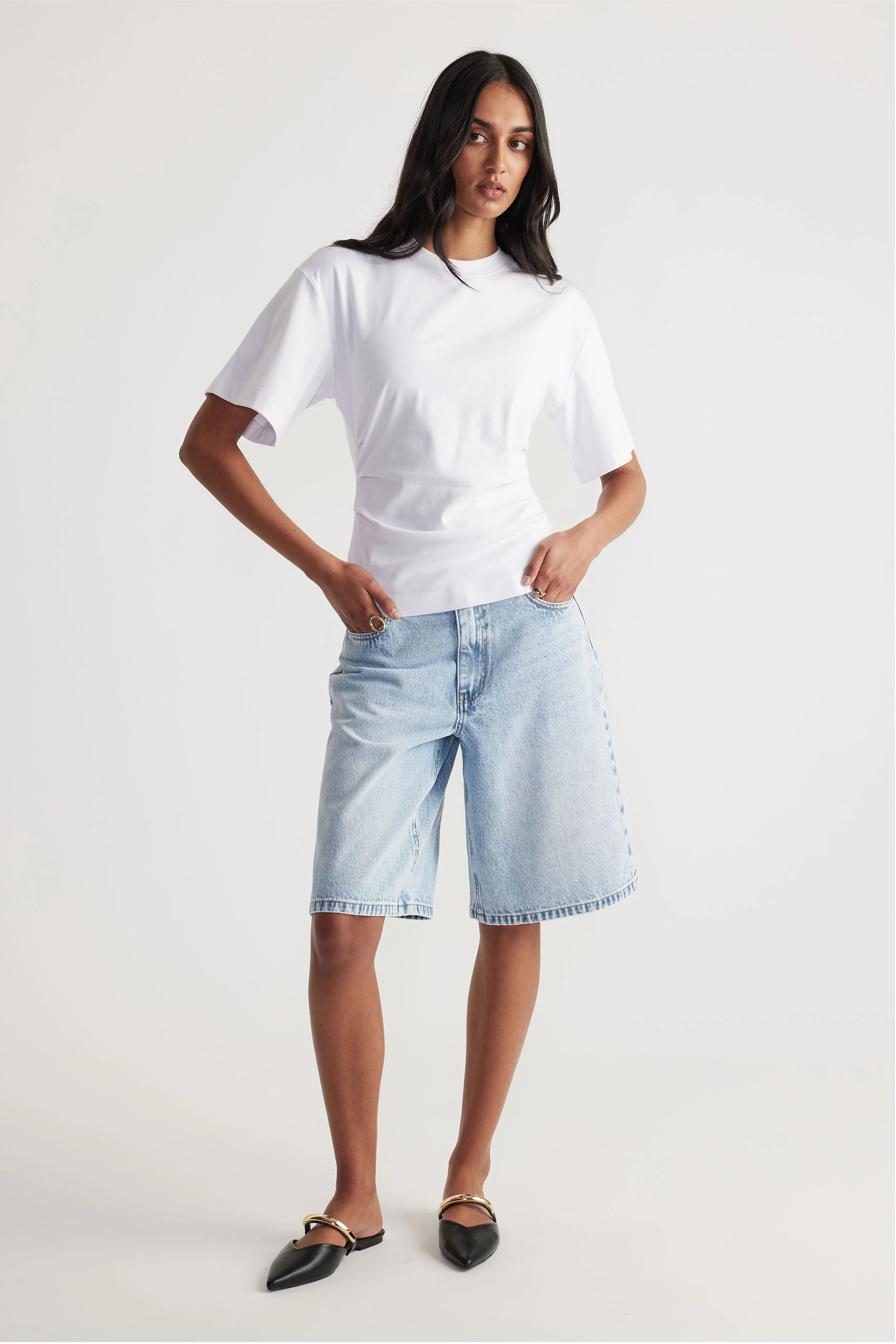 Amelia Pleated Waist Tee - Bright White | DECJUBA
