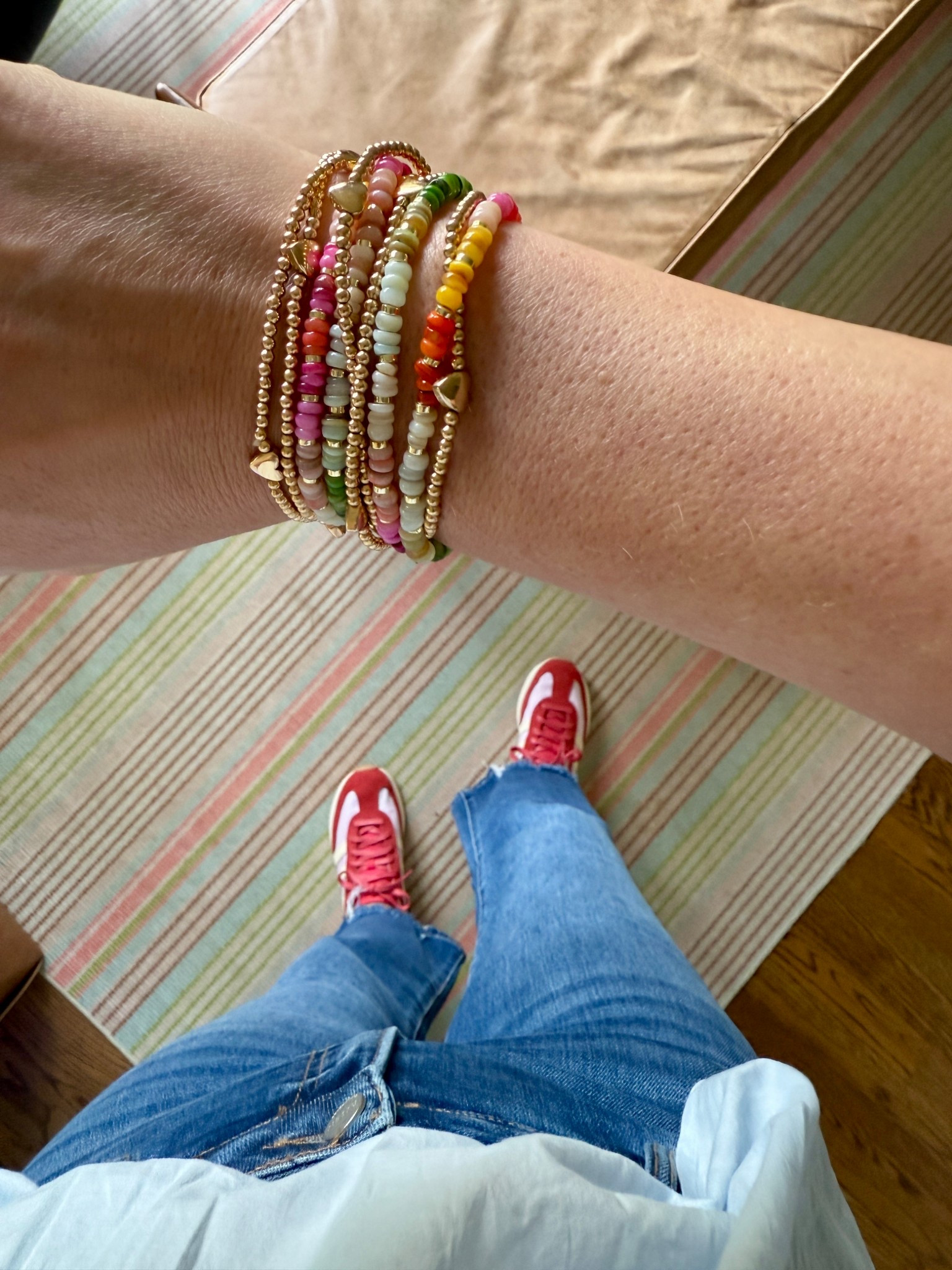 Colorful sneakers + colorful bracelets = 🥰🥰🥰 I also linked the jeans for you. I would say they run a bit big I sized down. SO cute and comfy.