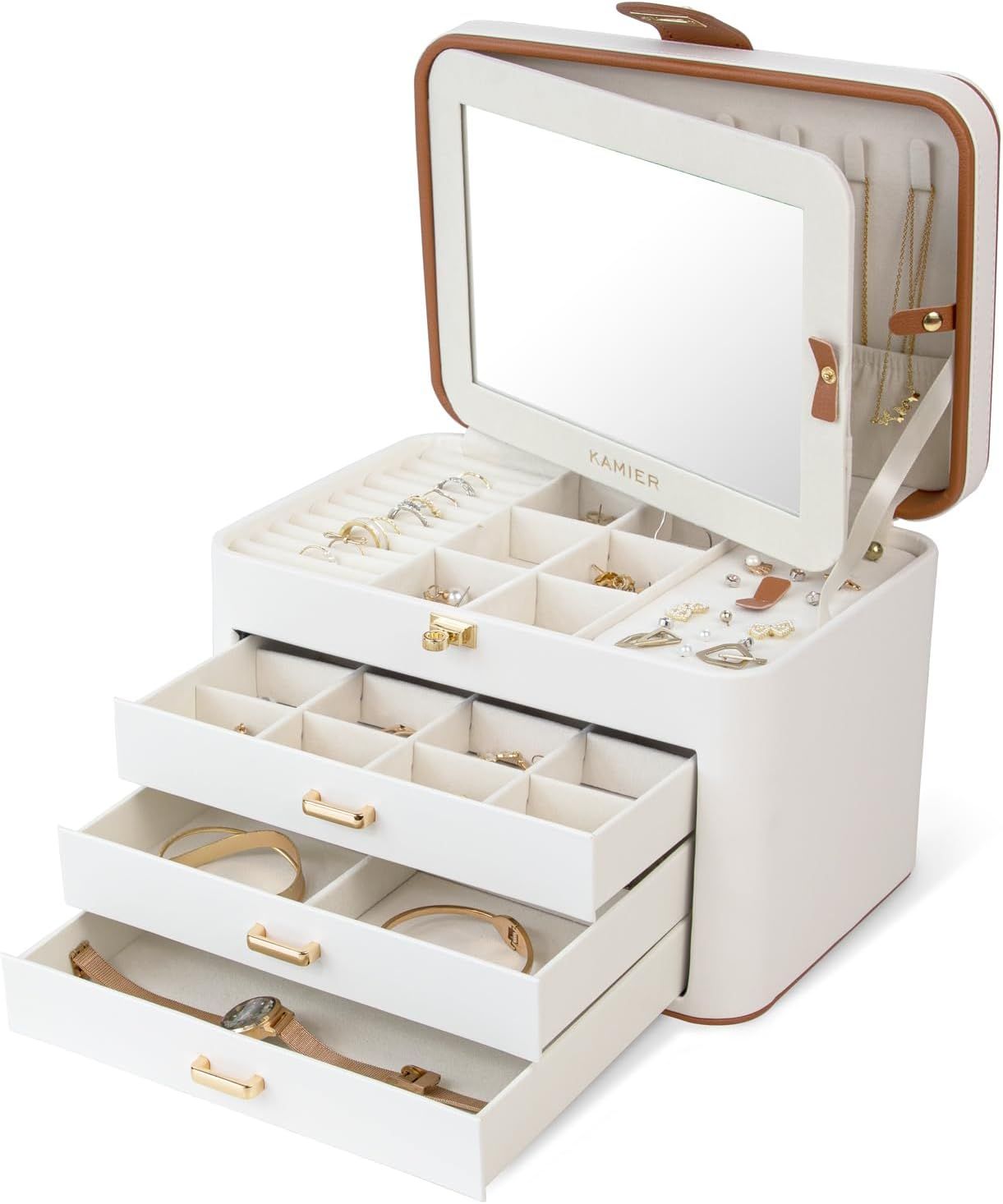 KAMIER Jewelry Organizer Box,4-Layer Jewelry Box for Women with Lock and Mirror, Jewelry Storage ... | Amazon (US)