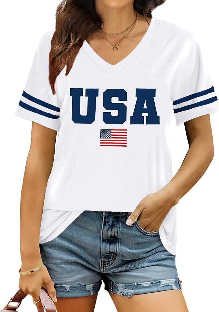 American Flag Shirts Women Patriotic Shirt 4th of July Tee Tops V-Neck Short Sleeve Summer T-Shir... | Amazon (US)