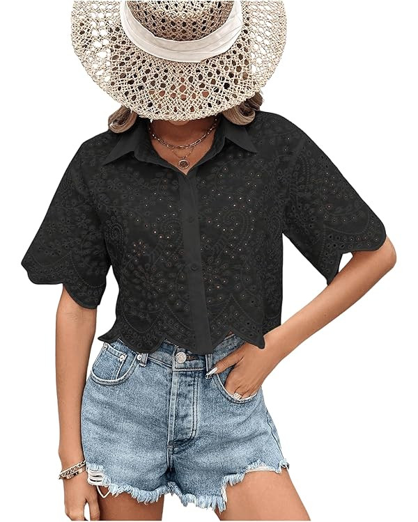 SweatyRocks Women's Short Sleeve Button Down Eyelet Crochet Shirt Asymmetrical Hem Crop Top Blous... | Amazon (US)