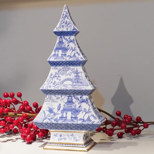Cynkeyee Christmas Tree Christmas Decorations Indoor - Blue and White Xmas Decorations Gift 12" Vintage Tabletop Holiday Figurine, Chinoiserie Xmas Party Table Decor 6x3x12 Inch | Amazon (US)