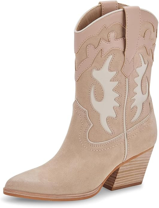 Zszszsu Women's Pointy Toe Mid Calf Boots Chunky Block Stacked Heels Embroidered Western Pull On ... | Amazon (US)