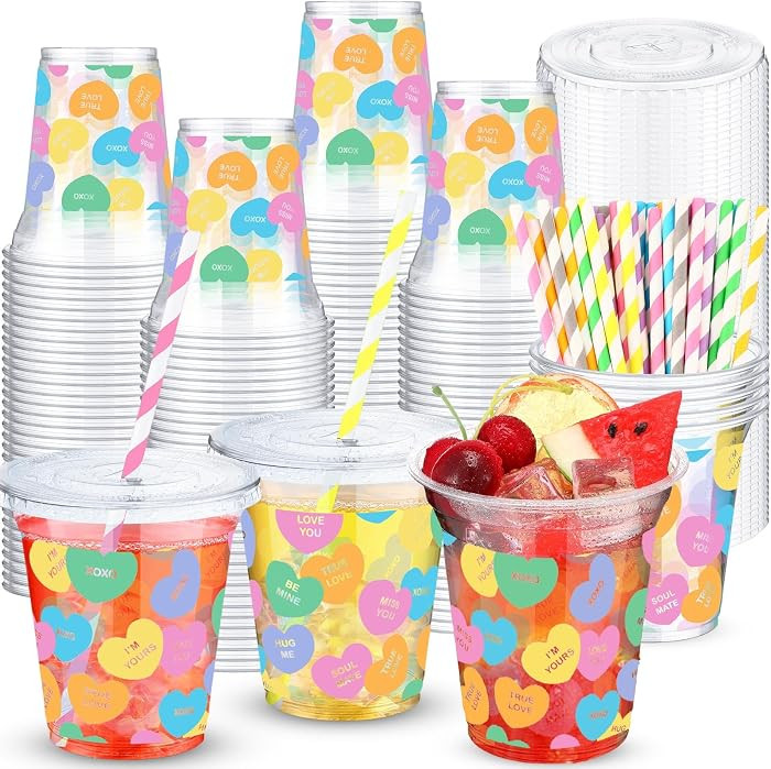Jingmore 50 Pcs Valentine's Day Plastic Cups with Lids and Straws 12oz Candy Conversation Heart D... | Amazon (US)