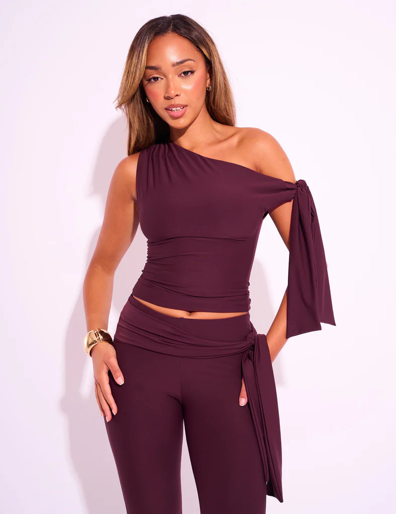 Knot Detail Asymmetric One Shoulder Luxe Slinky Top Burgundy | Public Desire