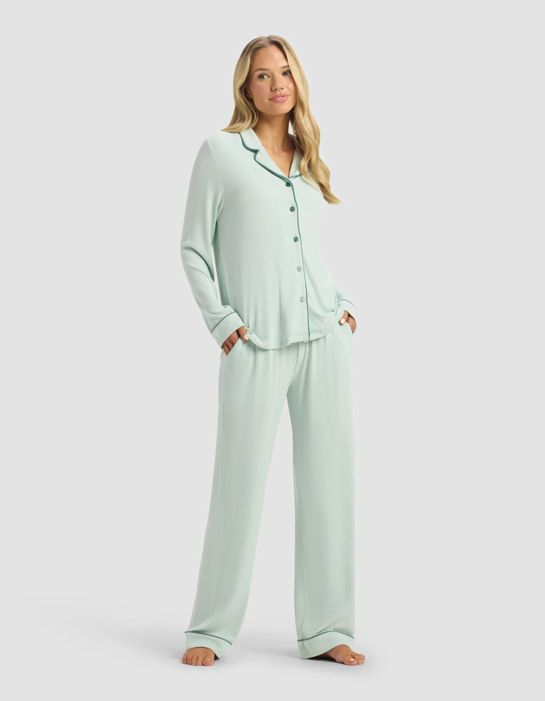 Women's Bamboo Viscose Rib-Knit Classic Long Sleeve Shirt Pajama Set in Seafoam (Size: 2XL) - Cozy Earth | Cozy Earth