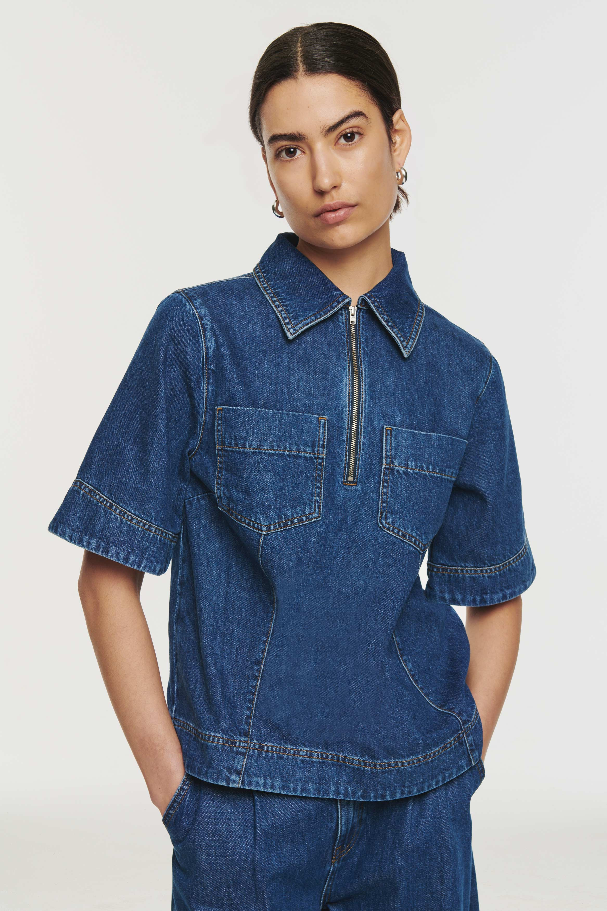 May | Zip Through Denim Top in Mid Blue | ALIGNE | ALIGNE USA