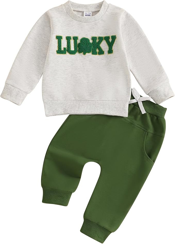 Baby Boy Girl St Patricks Day Outfit Cute Shamrock Print Sweatshirt Elastic Long Pants Infant Spr... | Amazon (US)