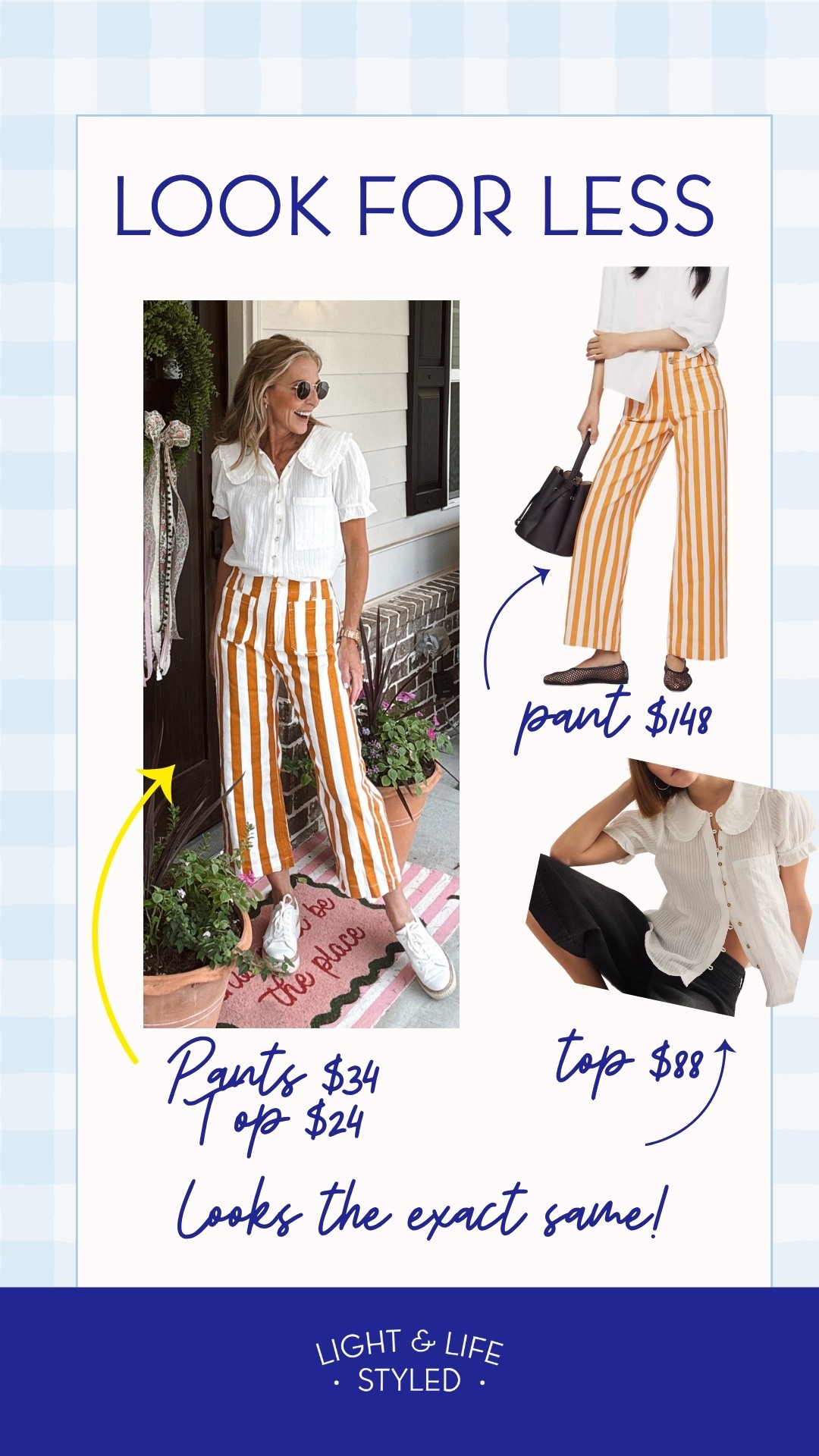 This look for less is under $60 from Amazon. If you want a high end look for less head to Amazon and grab these designer inspired pants for $34 and top for 24.