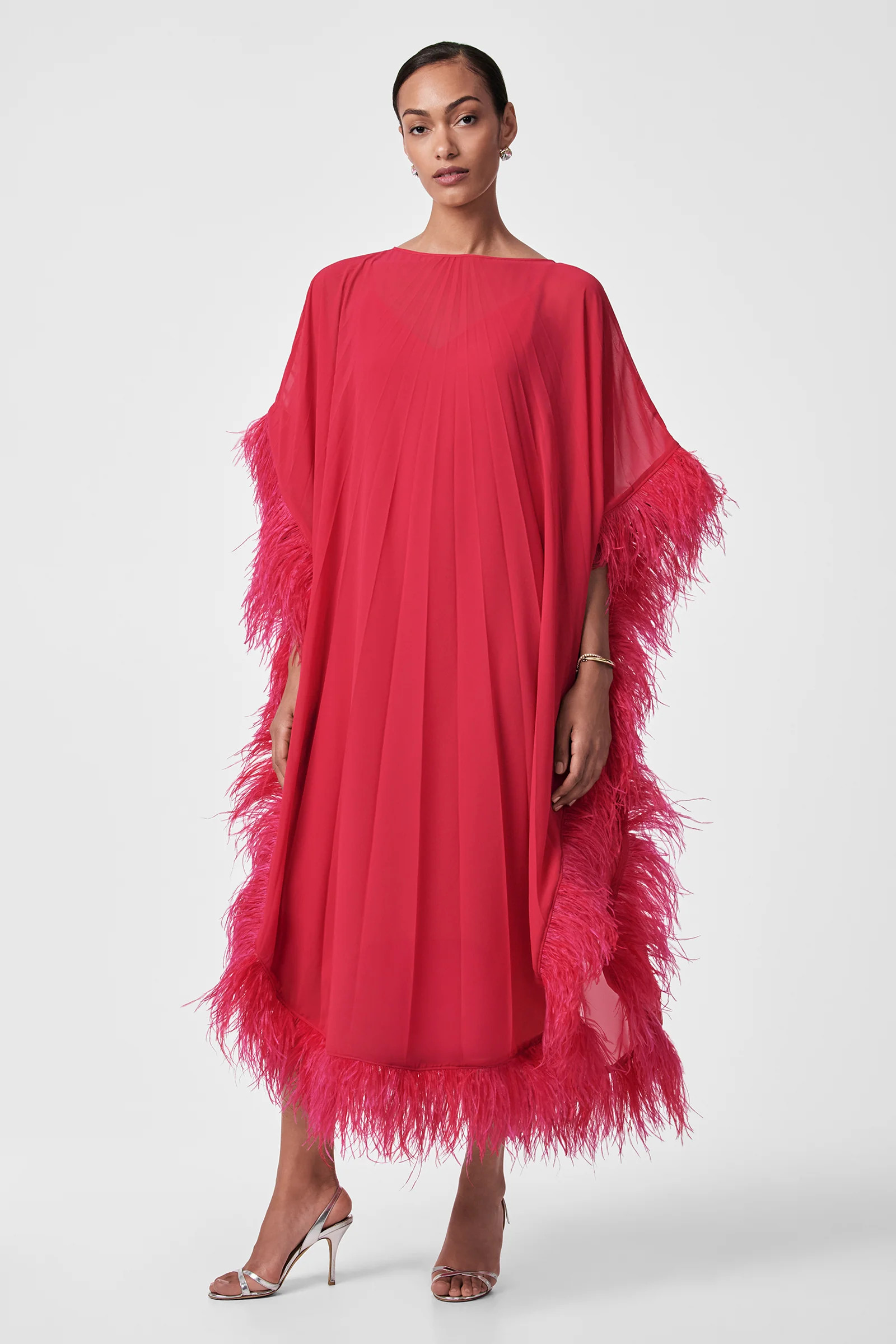 Pleated Neena Feather-Trimmed Caftan Dress | Trina Turk