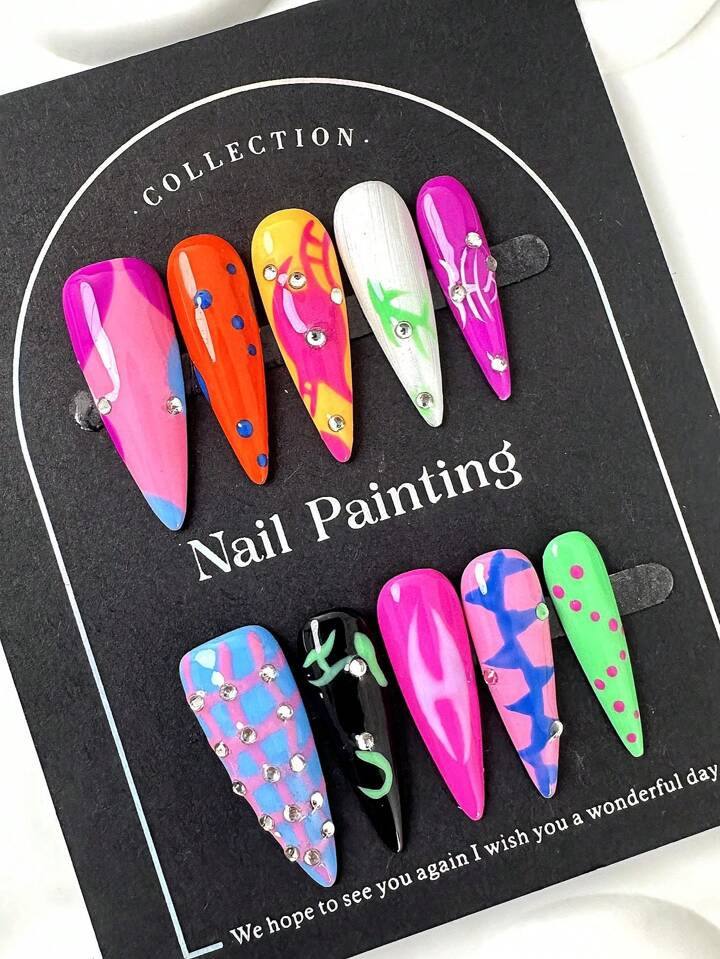 10pcs Set European & American Style Extra Long Pointed Nails, Hawaii Color Series Hand-Painted Geometric Lines & Rhinestone Decor, Y2K Baddie Style, Handmade Elegant Nails Suitable For Women & Girls Press On Nails | SHEIN