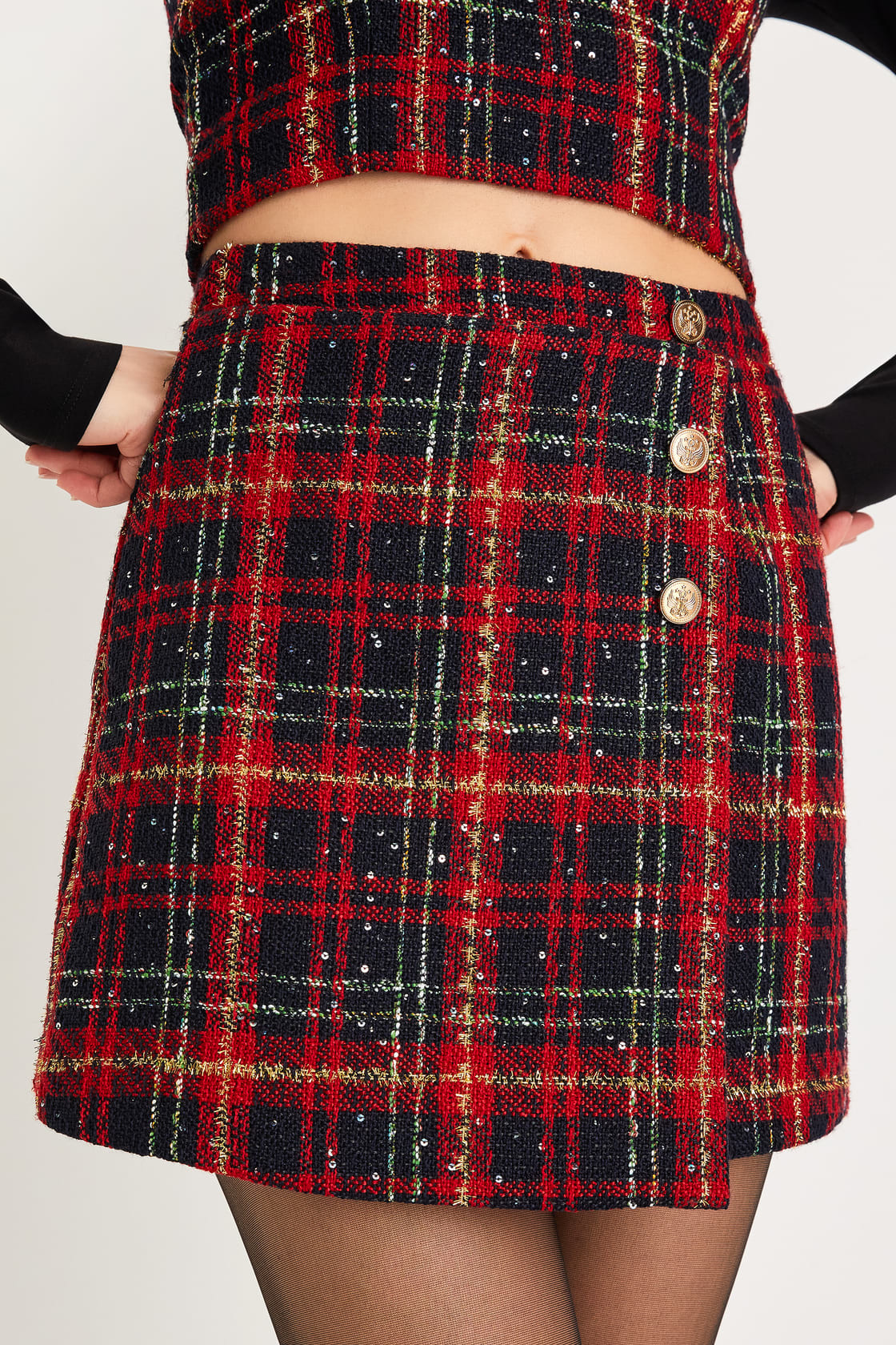 Adorably Posh Navy Blue and Red Plaid Tweed Faux-Wrap Mini Skirt | Lulus (US)