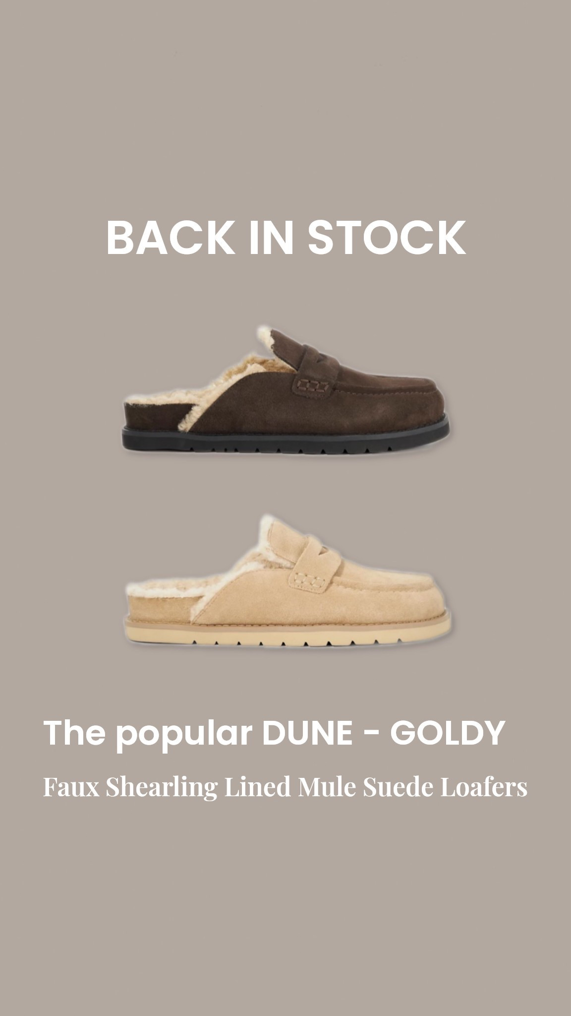 DUNE - Goldy backless faux shearling lined suede mule loafers are back in stock in all sizes!  (Link goes through to both colours beige and brown suede) 

#LTKuk #LTKwinter #LTKshoes