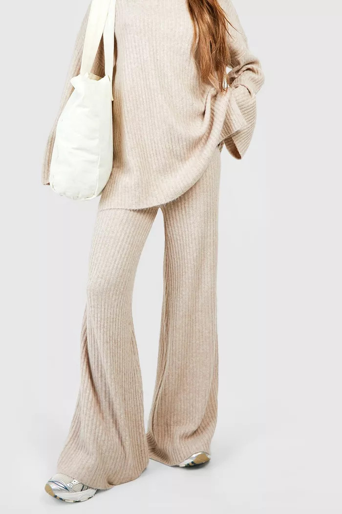 Soft Rib Knit Wide Leg Trousers | Boohoo.com (UK & IE)