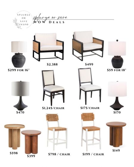 Splurge or save. Look for less. ide table. Dining chairs accent chair. Black table lamp. Serena and Lily. Pottery barn . Counter stools. 

#LTKhome #LTKsalealert