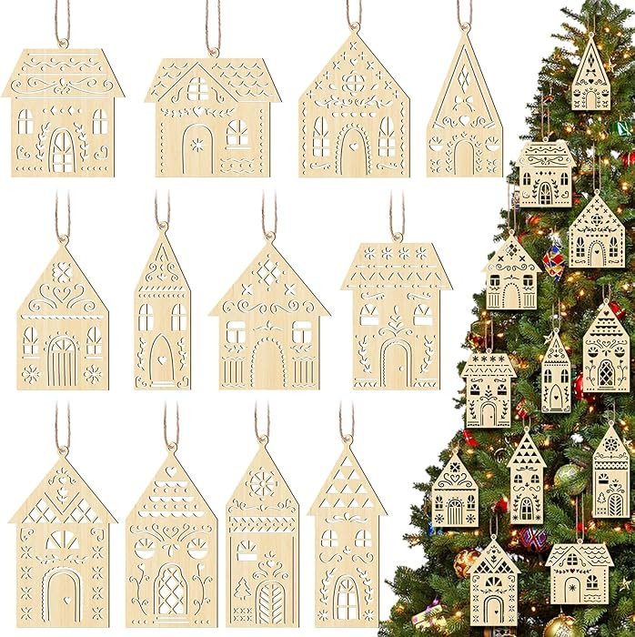 Gerrii 36 Pcs Wooden House Christmas Ornaments Unfinished Laser Hollowing Wood House Sign DIY Woo... | Amazon (US)