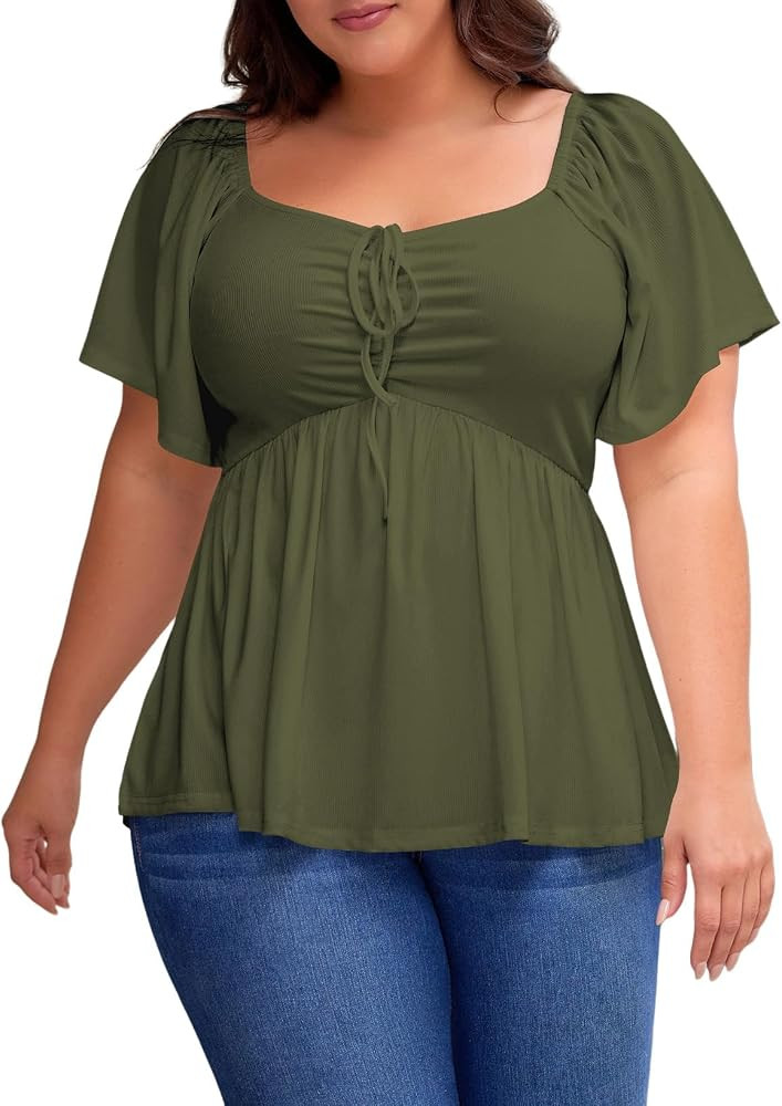 Eytino Womens Plus Size Tops Short Sleeve Sweetheart Neck Shirred Peplum Blouse Shirts(1X-5X) | Amazon (US)