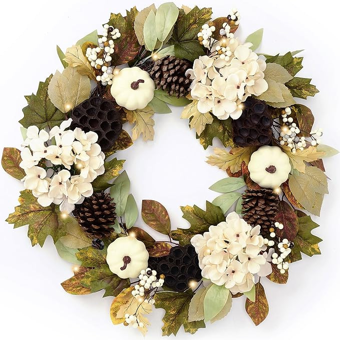 DecorbyHannah Collapsible Thanksgiving Wreaths for Front Door, 24 inch Pre-Lit Fall Wreath with P... | Amazon (US)