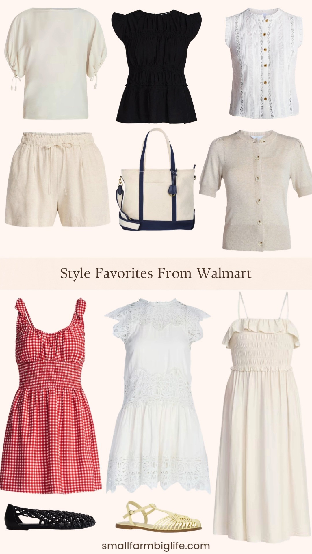 Walmart is seriously delivering on summer style right now and every piece in this round up is so much more elevated than the price tag suggests. I love the red gingham smocked mini dress and the white crochet mini dress for easy summer outfits that require zero effort, and the smocked sleeveless femme top paired with the linen blend shorts is such a chic casual combination. The crochet knot ballet flats are one of my favorite shoe trends right now and the light yellow huarache T-strap sandals are the perfect warm weather shoe for any of these looks. The short sleeve crewneck cardigan and dolman boatneck top are great layering pieces and the canvas tote in cream and navy ties everything together perfectly. Tap to shop! 

 #LTKgrwm #LTKootd #LTKOver40