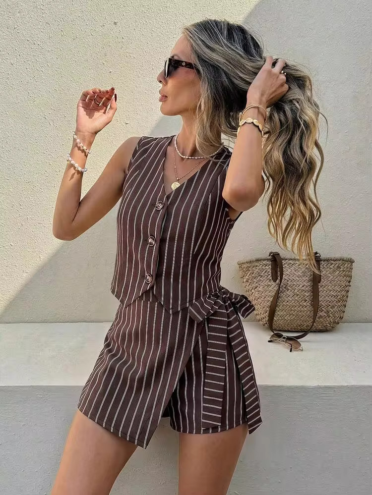 Serisse Women's Brown Striped Single-Breasted Vest And Side-Tie Skorts 2-Piece Set Teachers' Day ... | SHEIN