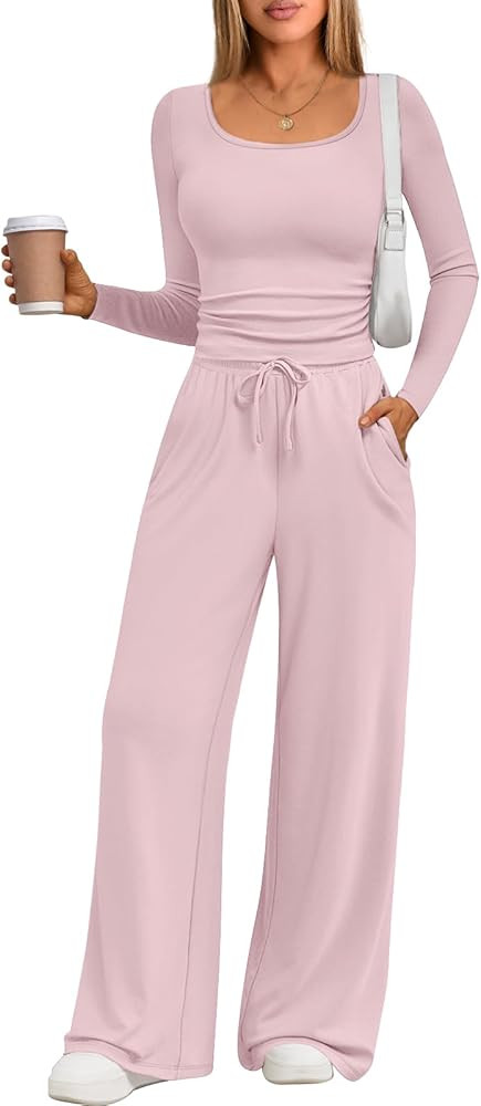 Trendy Queen 2 Piece Scoop Neck Lounge Set Womens Wide Leg Pants Side Ruching Slightly Crop Top S... | Amazon (US)