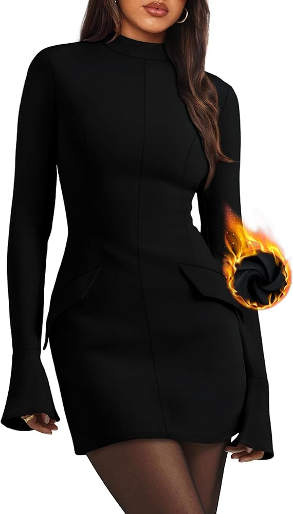 OFEEFAN Women's Fall Long Sleeve Mock Neck Dress Basic Party Club Bodycon Mini Dresses | Amazon (US)