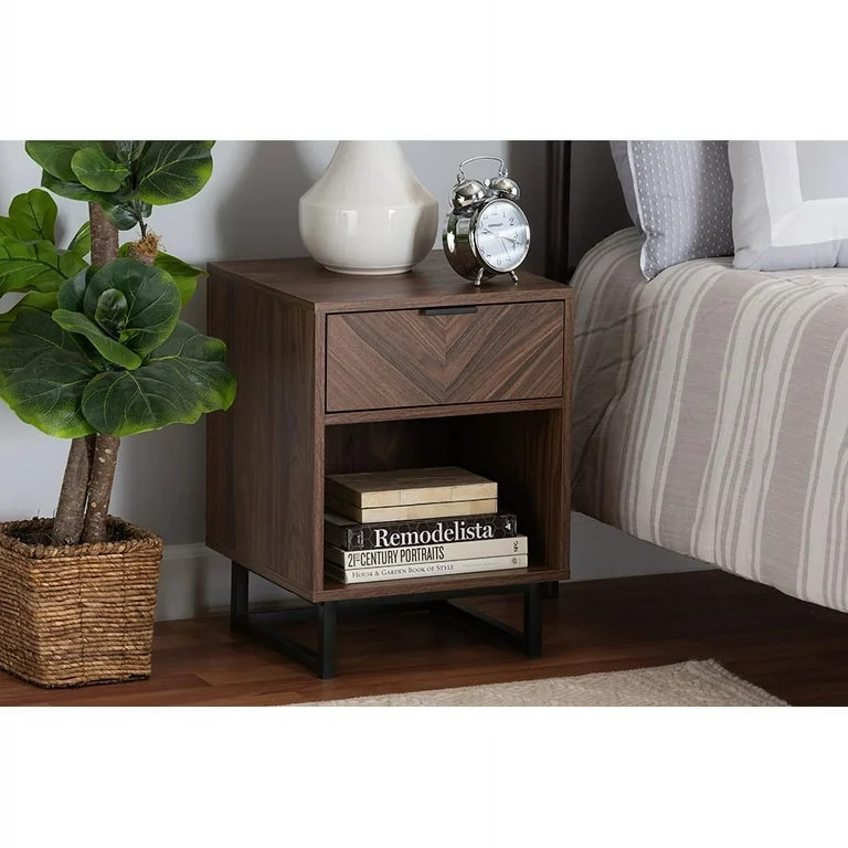 Baxton Studio Sadia Modern Walnut Brown Finished Wood and Black Metal 1-Drawer End Table | Walmart (US)