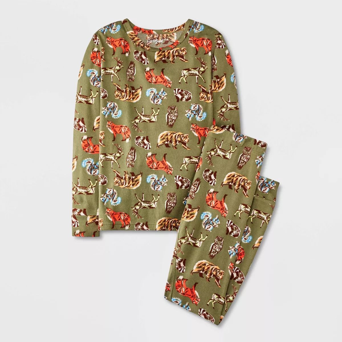 Kids' 2pc Critters Tight Fit Soft Brushed Long Sleeve Pajama Set - Cat & Jack™ Green 6 | Target