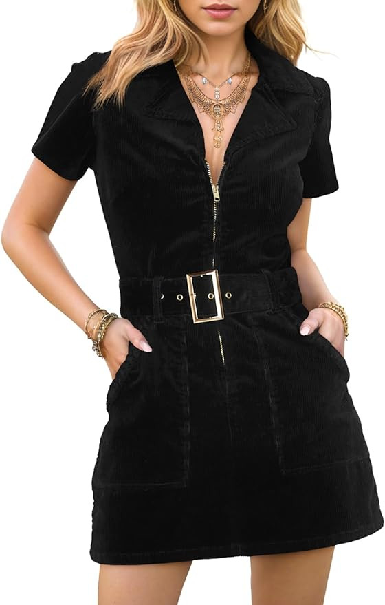 Women's Corduroy Mini Dress Short Sleeve Lapel Zip Up Belted Cowgirl Dresses with Pockets | Amazon (US)