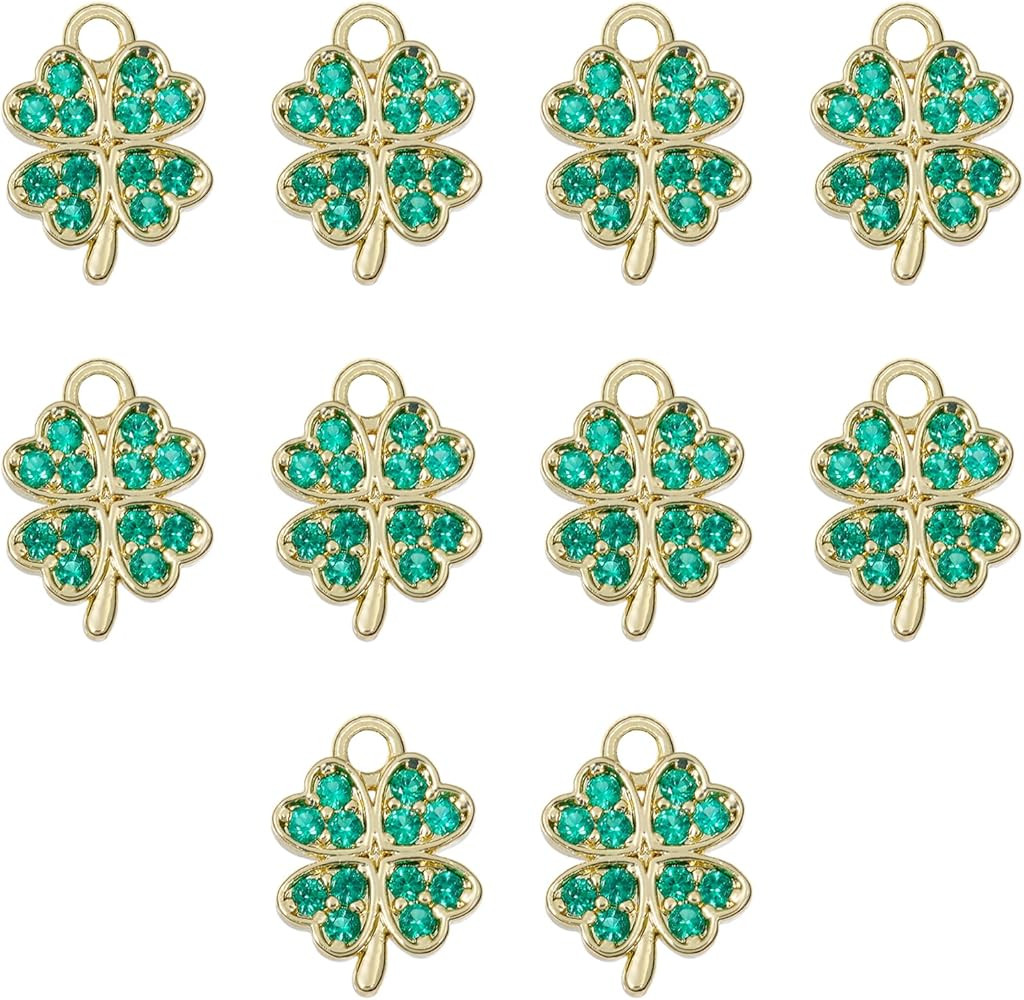 10Pcs Clover Charms for Jewelry Making Real 18K Gold Plated Charms Green Cubic Zirconia Four Leaf... | Amazon (US)