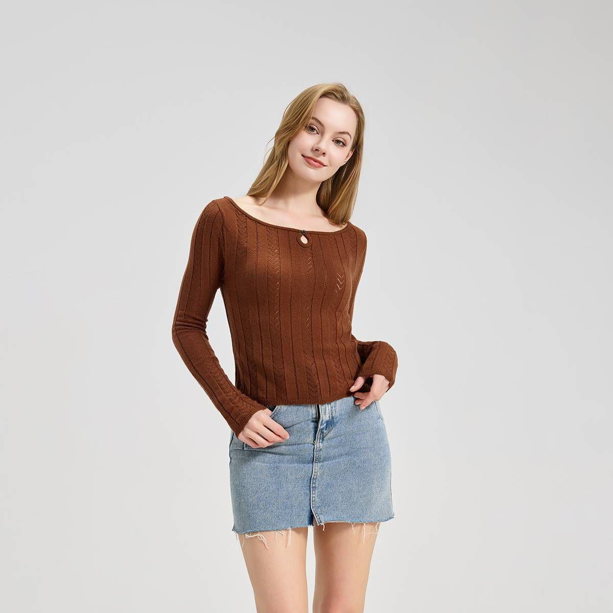 Women's Pointelle Keyhole Sweater - Wild Fable\u2122 Brown S | Target