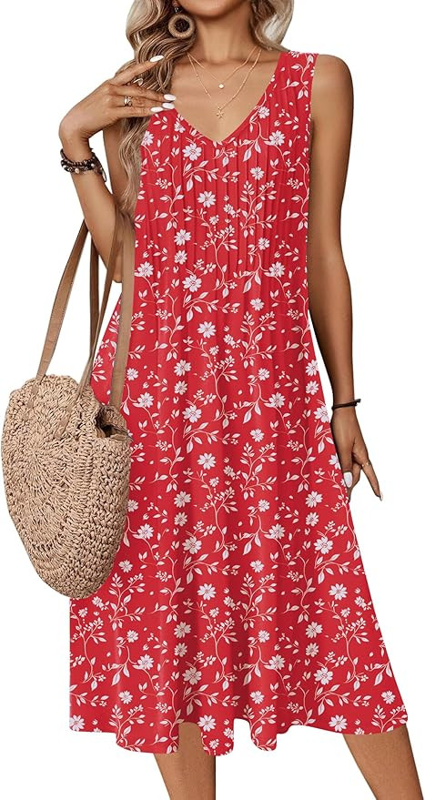 Zeagoo Women Summer Casual Dresses 2026 Sleeveless Midi Pleated Tank Sundress with Pockets V Neck... | Amazon (US)