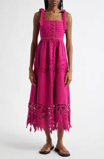 FARM Rio Daisy Lace Detail Cotton & Linen Midi Sundress | Nordstrom | Nordstrom