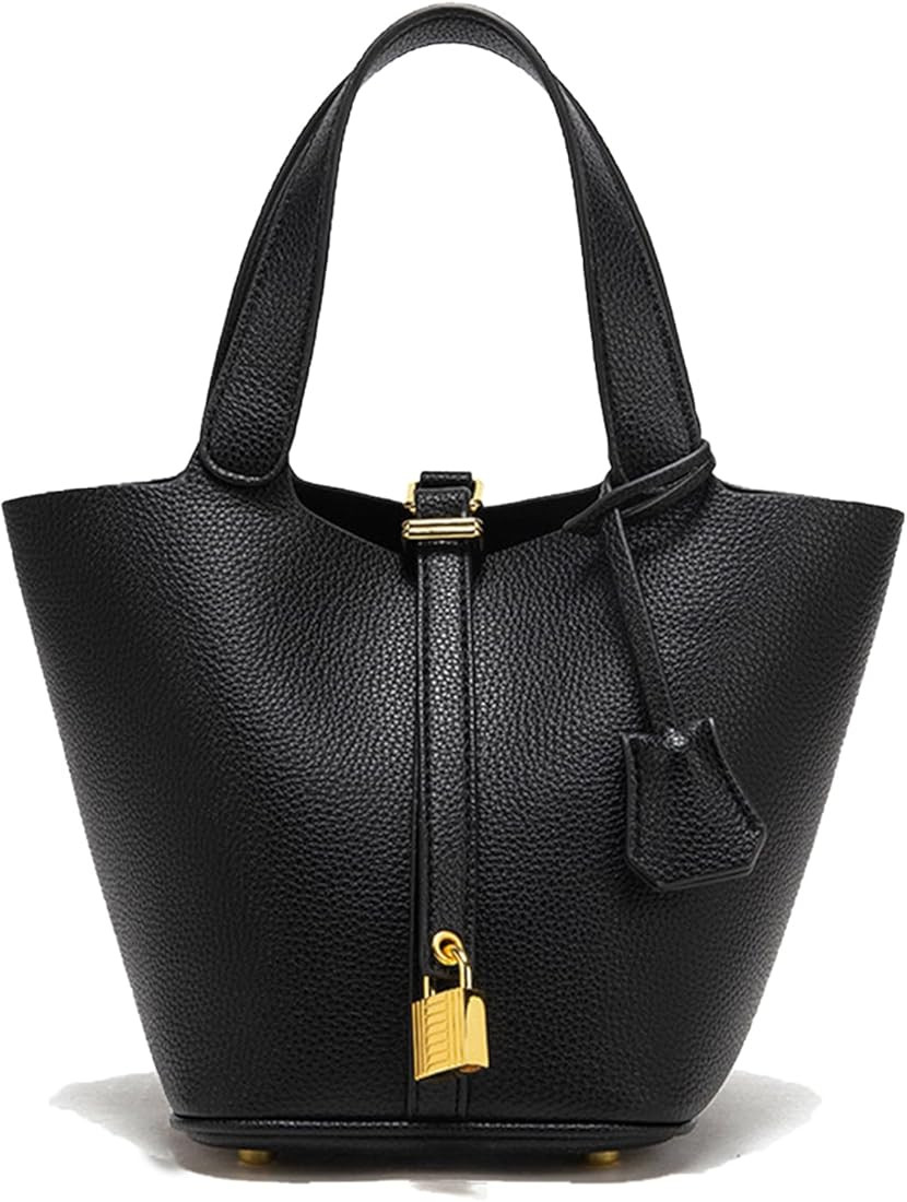 Genuine Leather Purses and Soft Bucket Bags, Stylish Lock Design Solid Color Tote Bag, Lychee Pat... | Amazon (US)