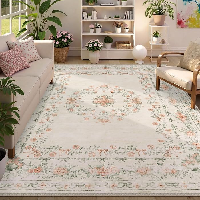 Wonnitar Floral Bow Print Washable 8x10 Rug, Beige Rugs for Living Room, Boho Non Slip Ultra-Thin Soft Neutral Carpet for Nursey Kids Room Dorm Living Room, Beige | Amazon (US)