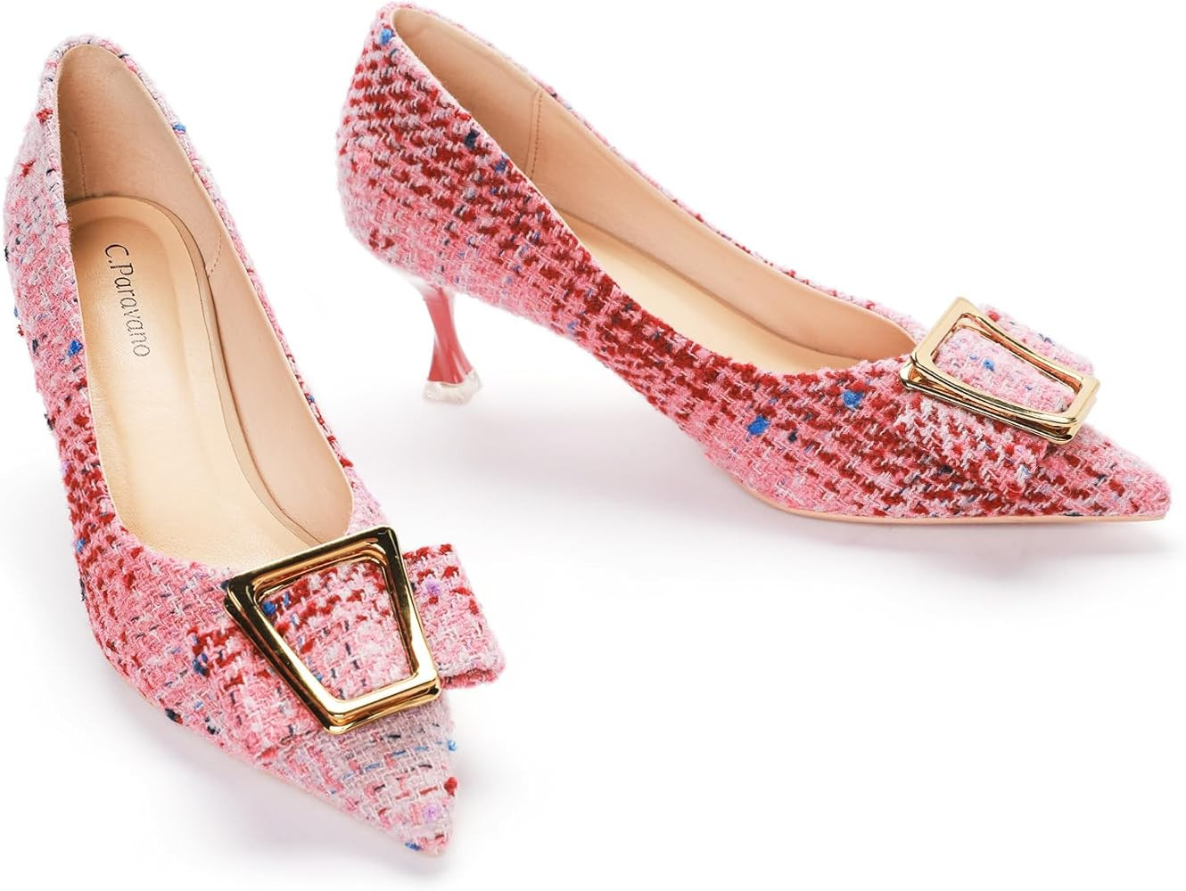 C.Paravano Metal Buckle Pointy Pumps Heels for Women Sexy Wedding Shoes Dressy Low Heel for Forma... | Amazon (US)