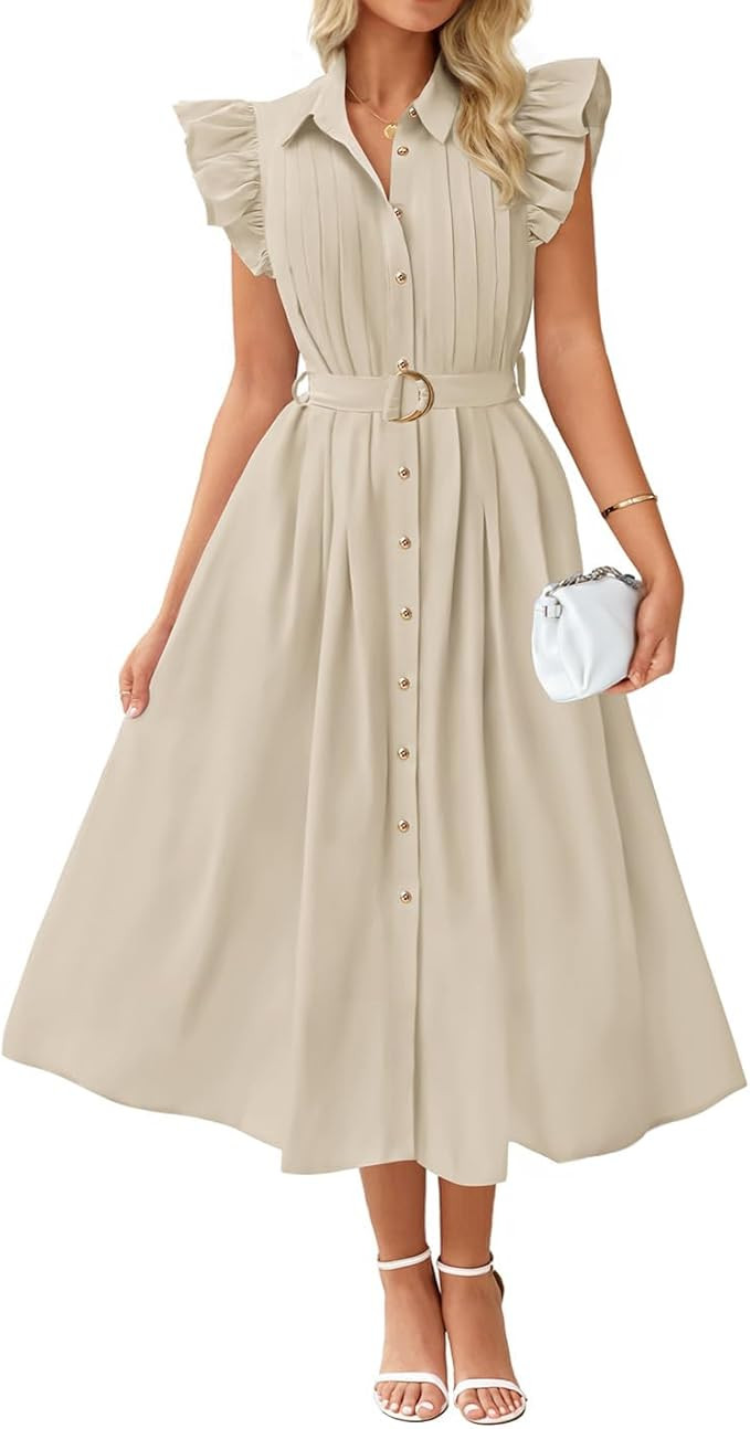 ZESICA Womens Summer Button Midi Dresses 2026 Flutter Short Sleeve Belted Business Casual Work Lo... | Amazon (US)