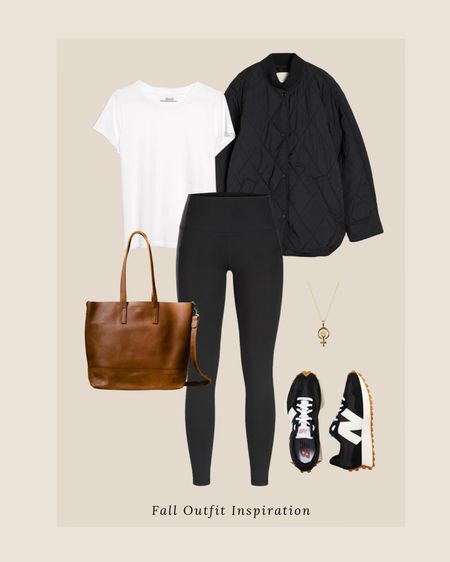 Fall outfit inspiration / quilted jacket, simple tee, leggings, sneakers, tote 

#LTKstyletip #LTKunder50 #LTKshoecrush