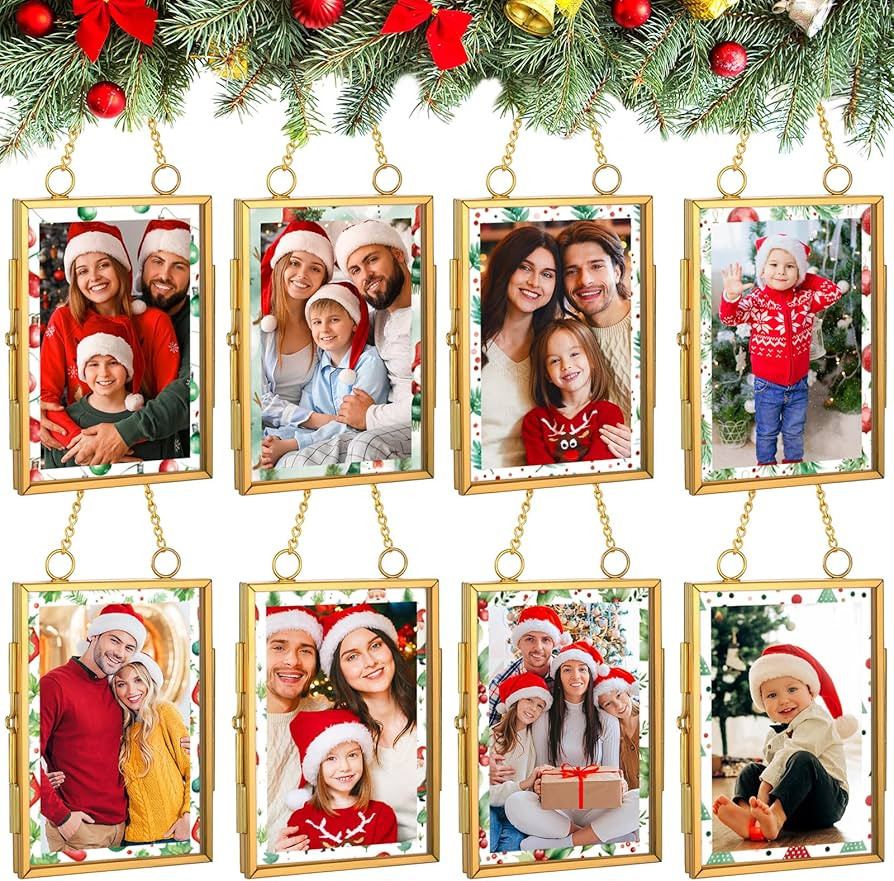 Qunclay 8 Pcs Christmas Frame Ornament Gold Glass Frames with Chain 3.5" x 2.5" Personalized Fami... | Amazon (US)