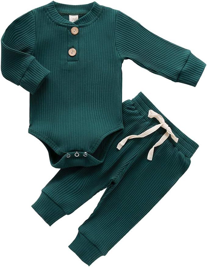 Newborn Baby Boy Girl Clothes Ribbed Knitted Cotton Long Sleeve Romper Long Pants Solid Color Fal... | Amazon (US)