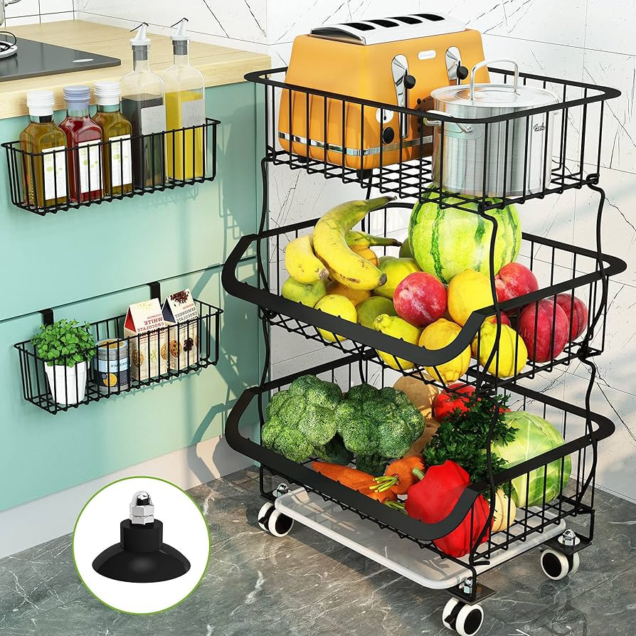 1Easylife Fruit Vegetable Basket, 3 Tier Stackable Metal Wire Basket Cart with Rolling Wheels, Ut... | Amazon (US)