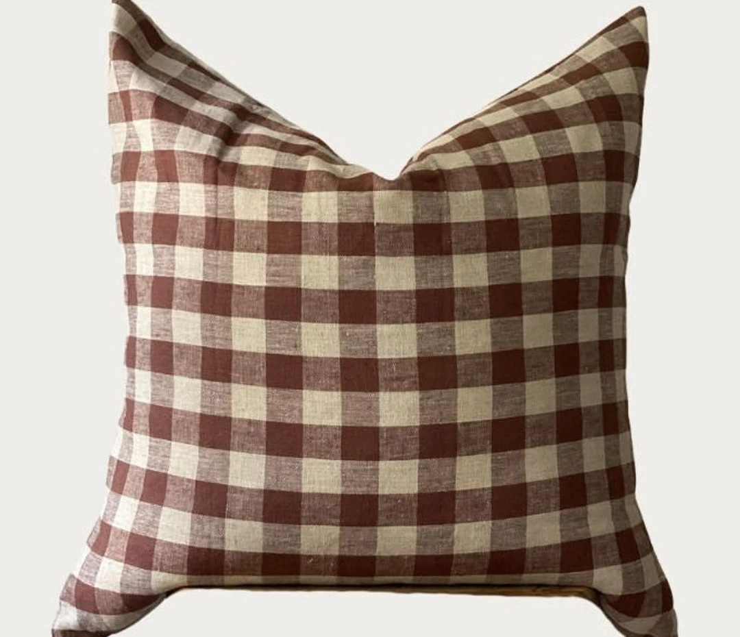 Lennon - 100% Linen Fabric Gingham Pillow Cover, Brown and Ivory/beige Check, Hand Crafted - Etsy | Etsy (US)