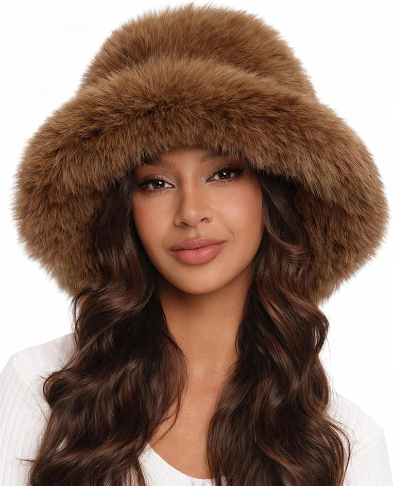 Women's Oversized Faux Fur Bucket Hat – Warm Plush Winter Style, Fluffy Soft Statement for Cold... | Amazon (US)