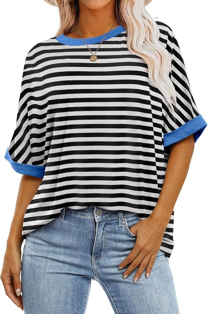 ANRABESS Women's Striped Oversized T Shirts Short Sleeve Color Block Tops Casual Loose Tees 2024 ... | Amazon (US)
