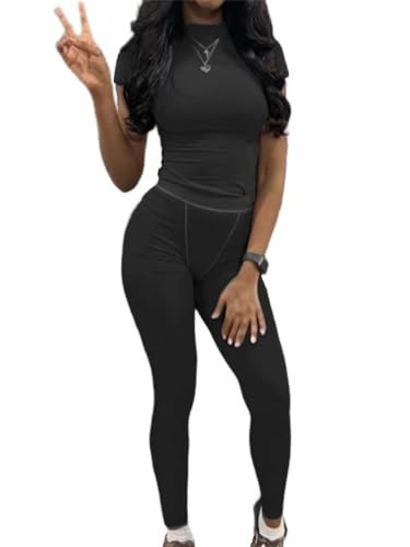 AYWA Two Piece Outfits for Women Fitted Crew Neck T-shirt High Waist Leggings Biker Shorts Matching Sets Streetwear (Black, Medium) | Amazon (US)
