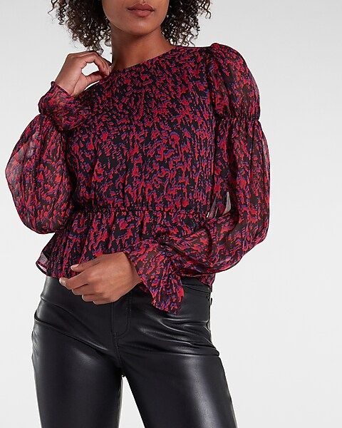 Printed Puff Sleeve Banded Bicep Peplum Top | Express