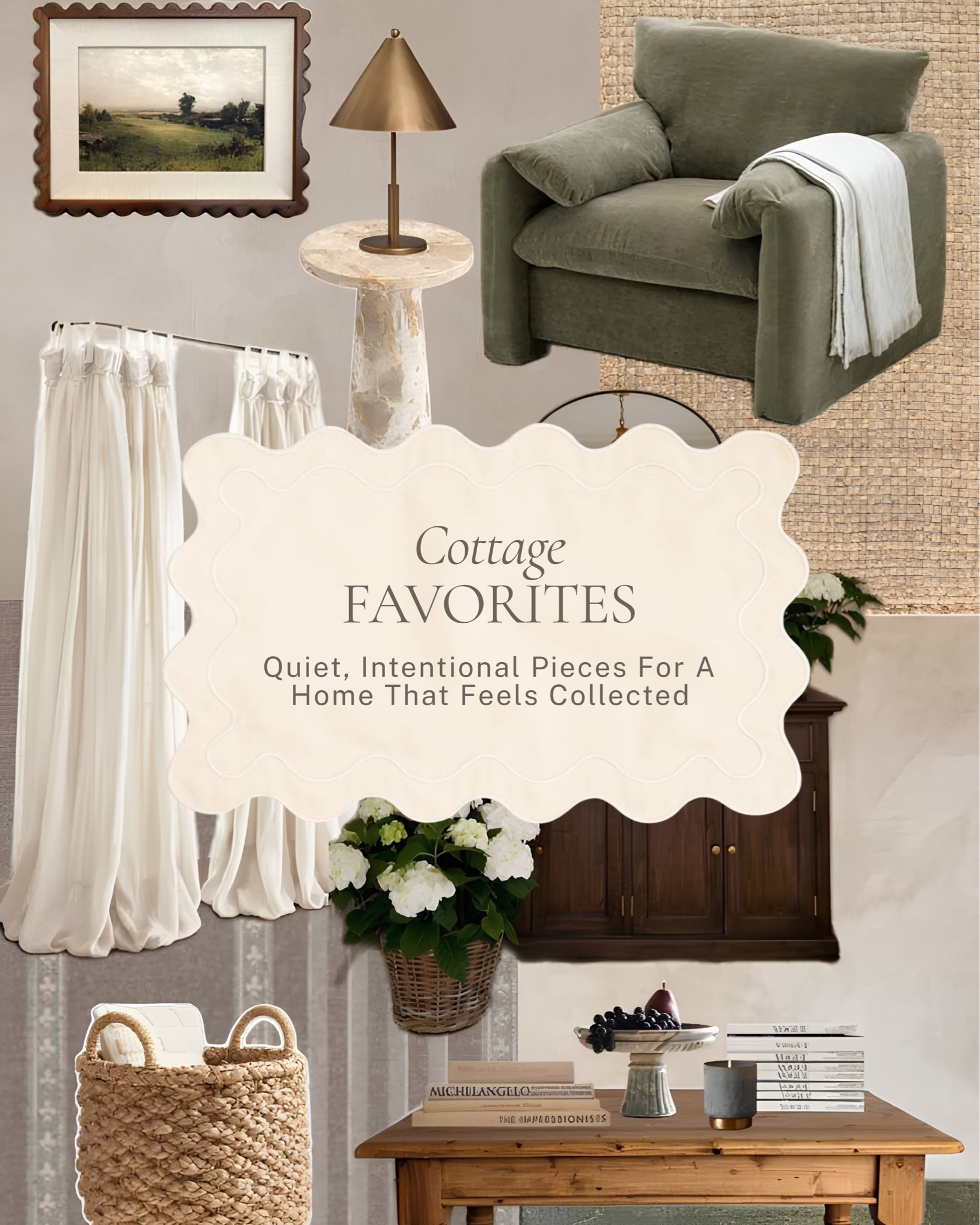 The pieces that make a room feel calm and considered ✨ 

An oversized sage velvet chair, a travertine side table, a brass cone lamp, linen drape panels, white hydrangeas, a dark wood sideboard, and a woven basket that makes every corner feel complete. 

All linked here 🤍 

#LTKhome