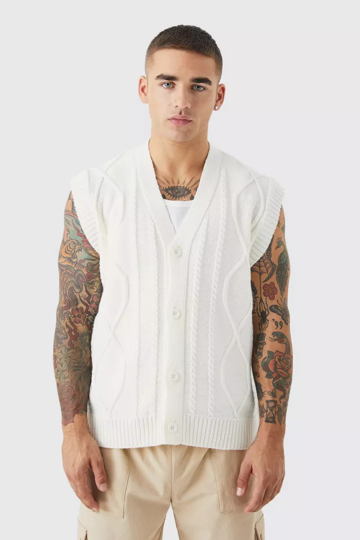 Boxy Cable Knitted Button Up Vest | Boohoo.com (UK & IE)