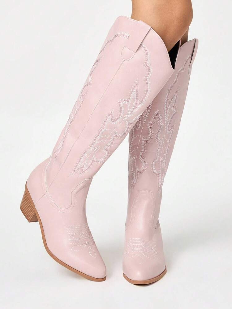 ROMWE Kawaii Classic Slip-On Design Pointed Toe Embroidered Western Boots, Kawaii Pink Leather Over-The-Knee Boots | SHEIN